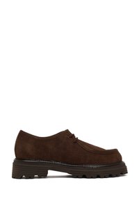 Dark brown suede lace-up shoe with thick, ridged rubber sole and rounded toe, shown in side profile on white background.