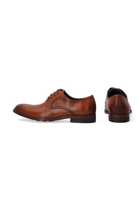 Bruineleren dresschoenen met brogue-details, ronde neus en vetersluiting. Beschikt over een gladde afwerking en een gestapeld hak.