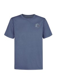 Blå bomuld t-shirt med korte ærmer og rund halsudskæring, prydet med et cirkulært logo på øverste venstre brystområde. Glat tekstur.