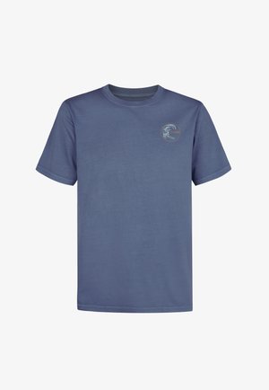 Modré bavlněné tričko s krátkými rukávy a kulatým výstřihem, se zaobleným logem v oblasti levého horního prsu. Hladká textura.