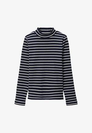 Haut à col roulé à manches longues rayé bleu marine et blanc, texture côtelée, design ajusté, avec un col haut et un ourlet arrondi.