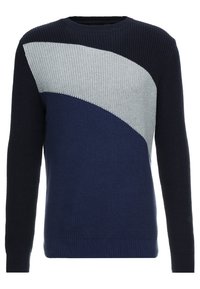 Golf di colore blu navy con un design geometrico caratterizzato da strisce grigio chiaro e blu scuro, texture a coste e scollatura a girocollo.