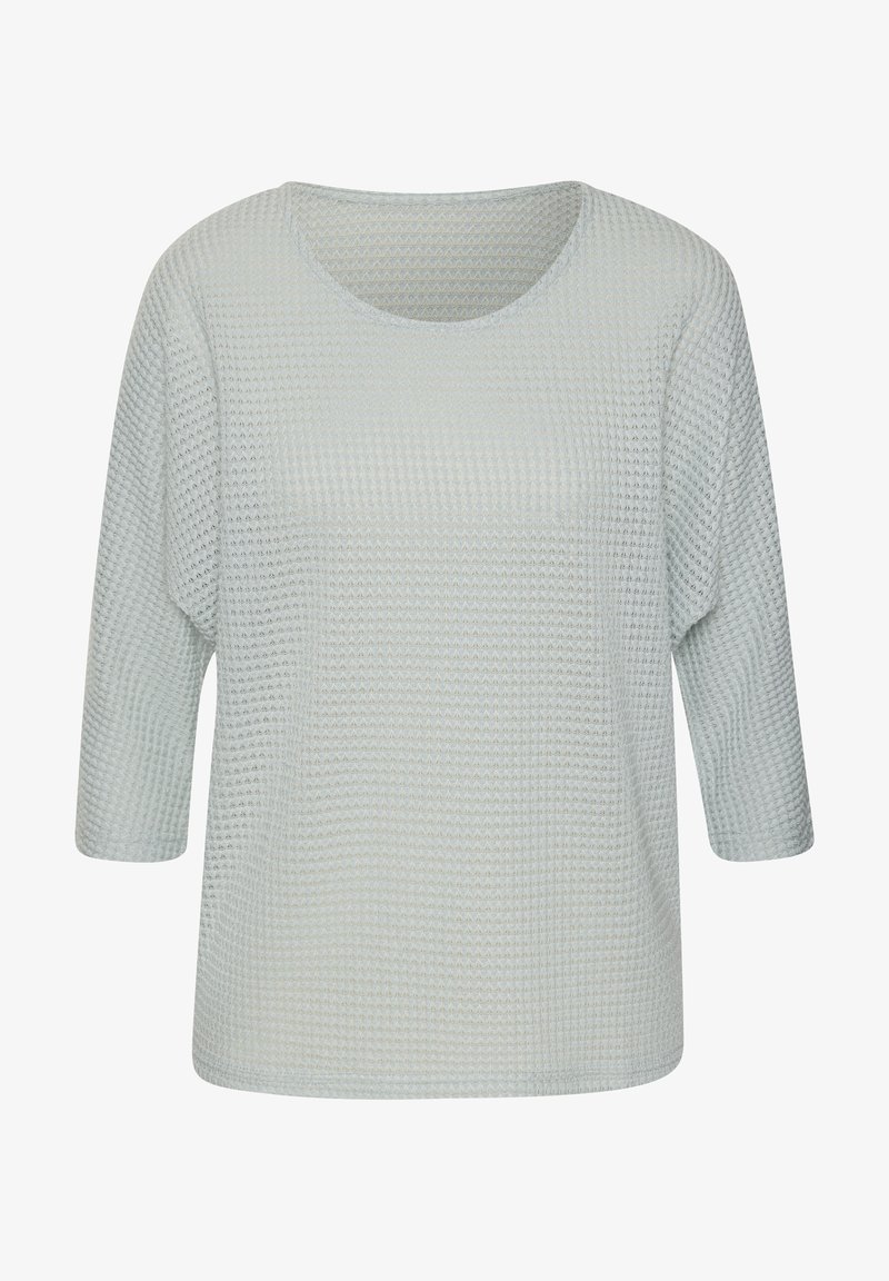 Helles blaues, strukturiertes Strickoberteil mit einem runden Halsausschnitt und Dreiviertelärmeln. Verfügt über eine lockere Passform und ein dezentes horizontales Muster.