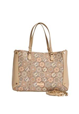 Borsa tote beige e marrone chiaro con motivi geometrici e circolari, doppi manici e tracolla staccabile posta davanti.
