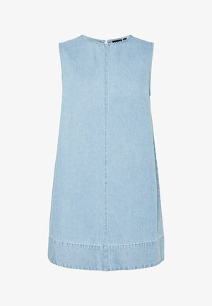 Light blue denim dress with a round neckline, sleeveless design, back zipper closure, and a straight cut with a slightly curved hem.