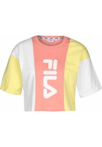 Korthårs T-shirt i pink, hvid og gul, med et fremtrædende hvidt FILA-logo på forsiden. Fremstillet af blød bomuld med korte ærmer.