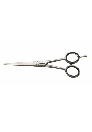 Professional stainless steel hairdressing scissors with two finger rings, a finger rest, and the brand name "Jaguar" engraved.