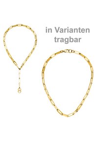 Goldfarbener Kettenanhänger mit länglichen ovalen Gliedern, der einen zentralen Tropfenteil aufweist. Glatte Textur, verstellbarer Verschluss, vielseitig tragbar.