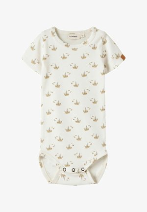 Body para bebé color crema con mangas cortas, estampado de velero y pájaro beige, botones a presión en la parte inferior y en los hombros.