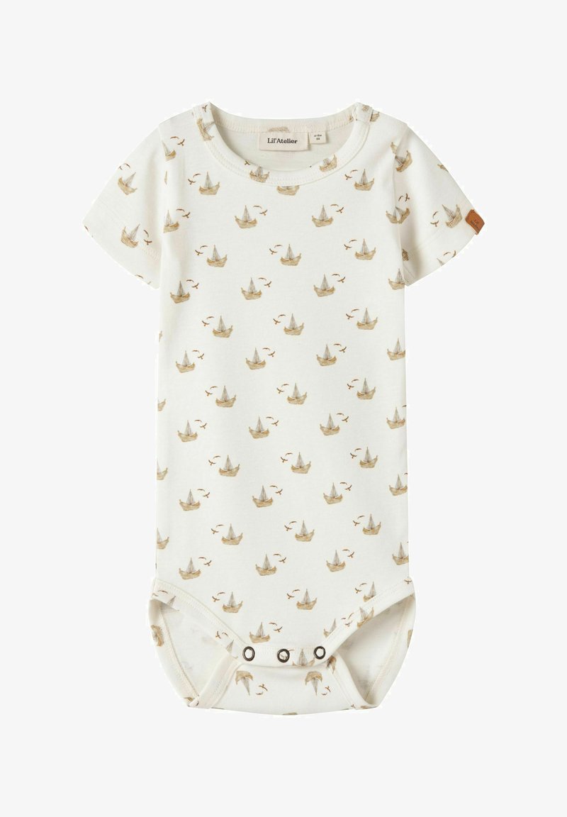 Body pour bébé couleur crème à manches courtes, motif beige de voilier et d'oiseau, boutons-pression en bas et sur les épaules.