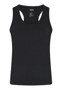 Débardeur noir sans manches en tissu doux, avec un col rond et de larges bretelles. Design simple, sans motifs ni accents.