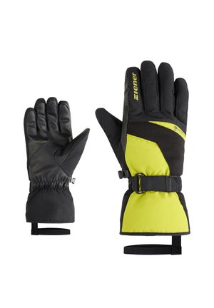 Black and yellow gloves with a textured outer shell, elastic wrist, and adjustable strap. Notable design includes padded areas and brand logo.
