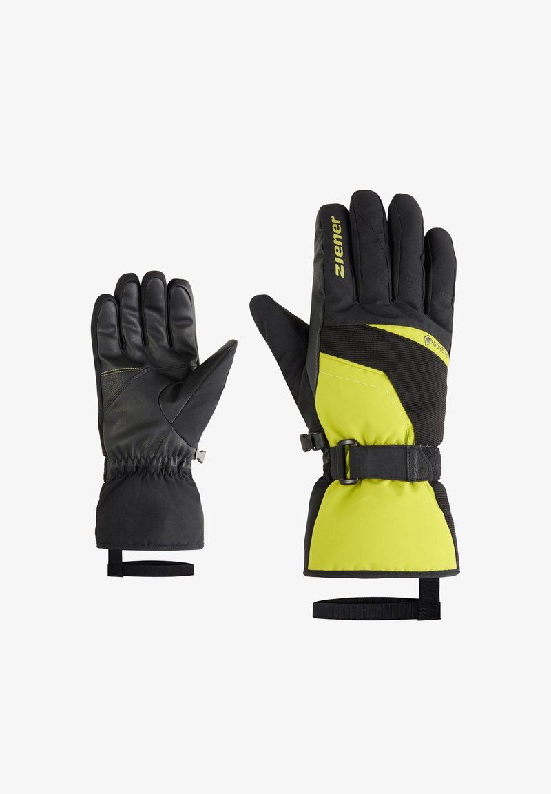 Gants d'hiver noirs et jaune néon avec tissu texturé, poignets élastiques, sangles réglables et paume renforcée pour une meilleure prise.