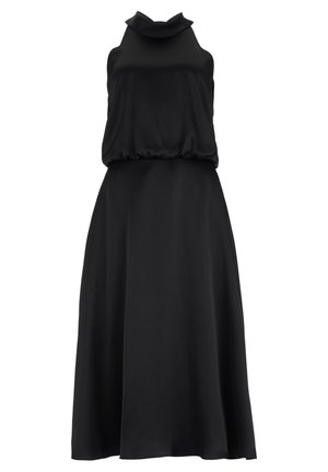 Robe noire sans manches avec un corsage drapé, une jupe plissée et un col montant. Fabriquée en tissu doux et texturé, elle présente une silhouette fluide.