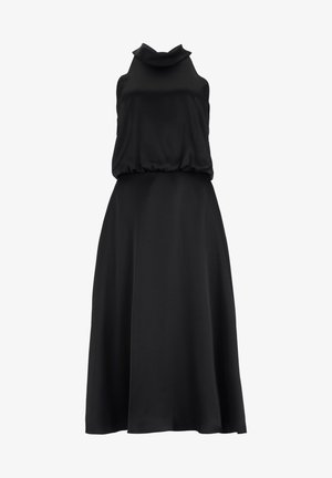 Robe noire sans manches avec un corsage drapé, une jupe plissée et un col montant. Fabriquée en tissu doux et texturé, elle présente une silhouette fluide.