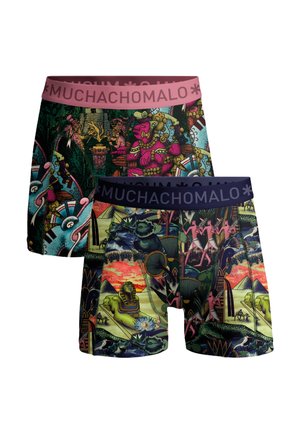 Dva páry boxeriek s farebnými staroegyptskými motívmi a nápisom "MUCHACHOMALO" na ružových a námorníckych pásikoch.