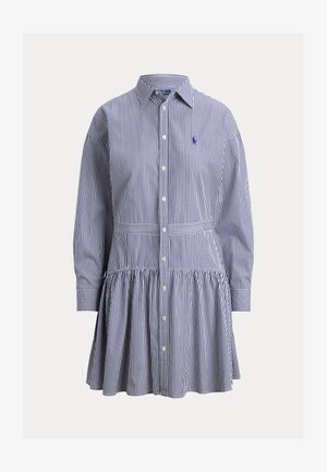 Μπλε και λευκό κάθετα ριγέ φόρεμα με μακριά μανίκια, κουμπιά μπροστά, γιακά, φούστα με πιέτες και κεντημένο λογότυπο στο στήθος.