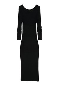 Abito midi nero a costine con maniche lunghe, scollatura arrotondata e silhouette aderente.