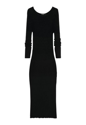 Rochie midi din tricot negru, cu mâneci lungi, guler rotund și o siluetă ajustată.