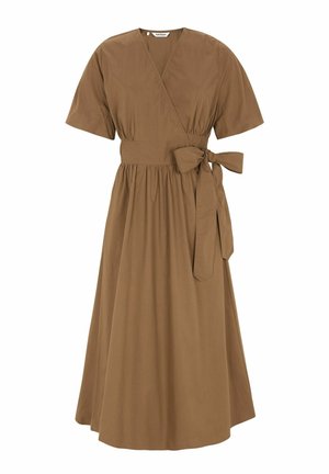 Braunes Wickelkleid mit kurzen Ärmeln, V-Ausschnitt, geraffter Taille, breitem Taillenband und auf der rechten Seite gebundener Schleife, Rock in Midi-Länge.