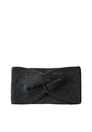 Gestricktes Stirnband in Dunkelgrau mit einem gedrehten Design an der Vorderseite. Hergestellt aus weichem, strukturiertem Stoff für Wärme und Komfort.