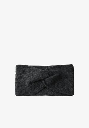 Bandeau en tricot gris foncé avec un design torsadé à l'avant. Fabriqué en tissu doux et texturé pour la chaleur et le confort.