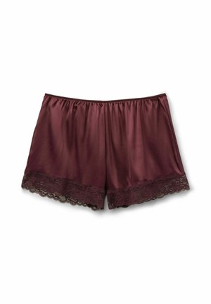 Bordeaux satijnen shorts met een elastische tailleband, voorzien van delicate zwarte kant aan de onderkant. Gladde textuur en een losse pasvorm.