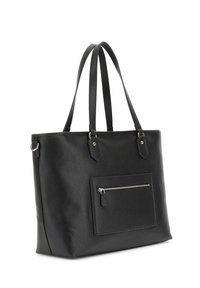 Sac fourre-tout noir en cuir synthétique texturé, avec deux poignées, une poche zippée à l'avant et un design minimaliste avec des détails en métal argenté.