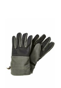 Black and grey gloves featuring a fleece interior, a durable outer shell, and textured palm for grip. Includes a cinched wrist for a secure fit.