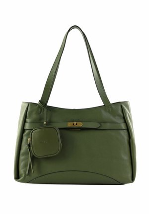 Sac à main en cuir vert texturé avec double anse d'épaule, fermoir tournant doré et petite pochette zippée attachée.
