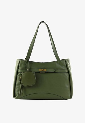 Sac à main en cuir vert texturé avec double anse d'épaule, fermoir tournant doré et petite pochette zippée attachée.