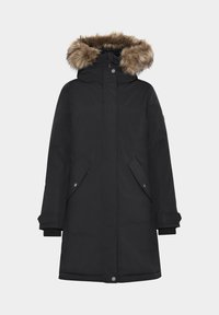 Sort parka med faux fur hætte, lange ærmer, to forlommer og trykknaplukninger. Fremstillet af tykt, isoleret stof for varme.