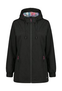 Schwarze Regenjacke mit Kapuze, Frontreißverschluss, verstellbaren Kordeln, farbenfrohem gemustertem Innenfutter, elastischen Bündchen und seitlichen Reißverschlusstaschen.