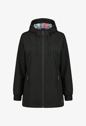 Schwarze Regenjacke mit Kapuze, Frontreißverschluss, verstellbaren Kordeln, farbenfrohem gemustertem Innenfutter, elastischen Bündchen und seitlichen Reißverschlusstaschen.