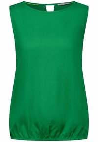 Haut sans manches vert en tissu lisse, avec un col rond et un ourlet froncé pour un ajustement décontracté. Pas d'autres embellissements.