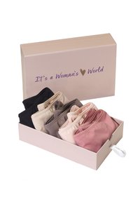 Set of six socks in a pastel color palette (black, gray, beige, light pink, and darker pink), packaged in a light pink box with text.