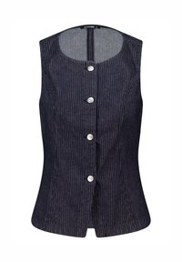 Hihaton tummansininen paita, jossa on pystysuorat raidat, napitettava etuosa ja pyöreä kaula-aukko, valmistettu teksturoidusta kankaasta.