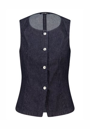 Blusa sin mangas de color azul oscuro con rayas verticales, con un cierre frontal de botones y un cuello redondo, hecha de una tela texturizada.