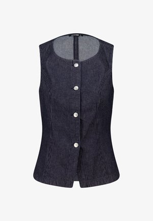 Ärmellose dunkelblaue Bluse mit vertikalen Streifen, mit Knopfleiste und rundem Ausschnitt, aus einem strukturierten Stoff.