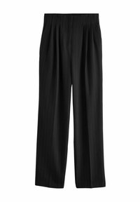 Zwarte pinstripebroek met een losse pasvorm, voorzien van plooien aan de taille en een gladde textuur. Eenvoudige, rechte silhouet.