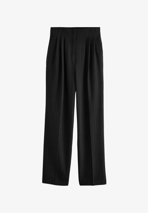 Black pinstriped trousers with a loose fit, featuring pleats at the waist and a smooth texture. Clean, straight silhouette.