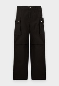 Black cargo pants made of soft fabric, featuring an elastic waistband, side pockets with flaps, and a loose, straight-leg design.