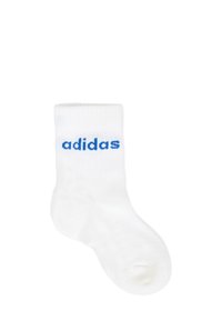 Calzino sportivo bianco in cotone con il logo "adidas" blu sul lato, dotato di polsino a coste e una texture liscia e morbida.