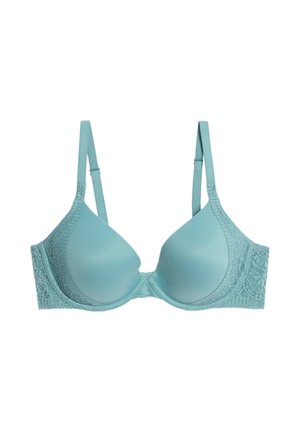 Teal onderkleding beugelbh met gladde gevormde cups, kantafwerking aan de zijkanten en verstelbare bandjes. Voorzien van een haaksluiting aan de achterkant.