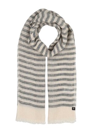 Light beige scarf with horizontal gray stripes, loosely looped with fringed edges and a small black fabric tag near the end.