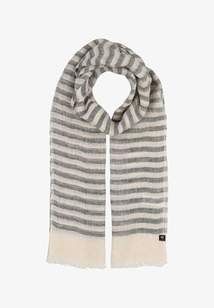 Light beige scarf with horizontal gray stripes, loosely looped with fringed edges and a small black fabric tag near the end.