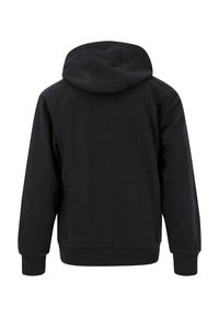 Schwarzer Kapuzenpullover mit runder Kapuze, gerippten Bündchen und Saum, der eine glatte Textur und ein minimalistisches Design ohne Logos aufweist.