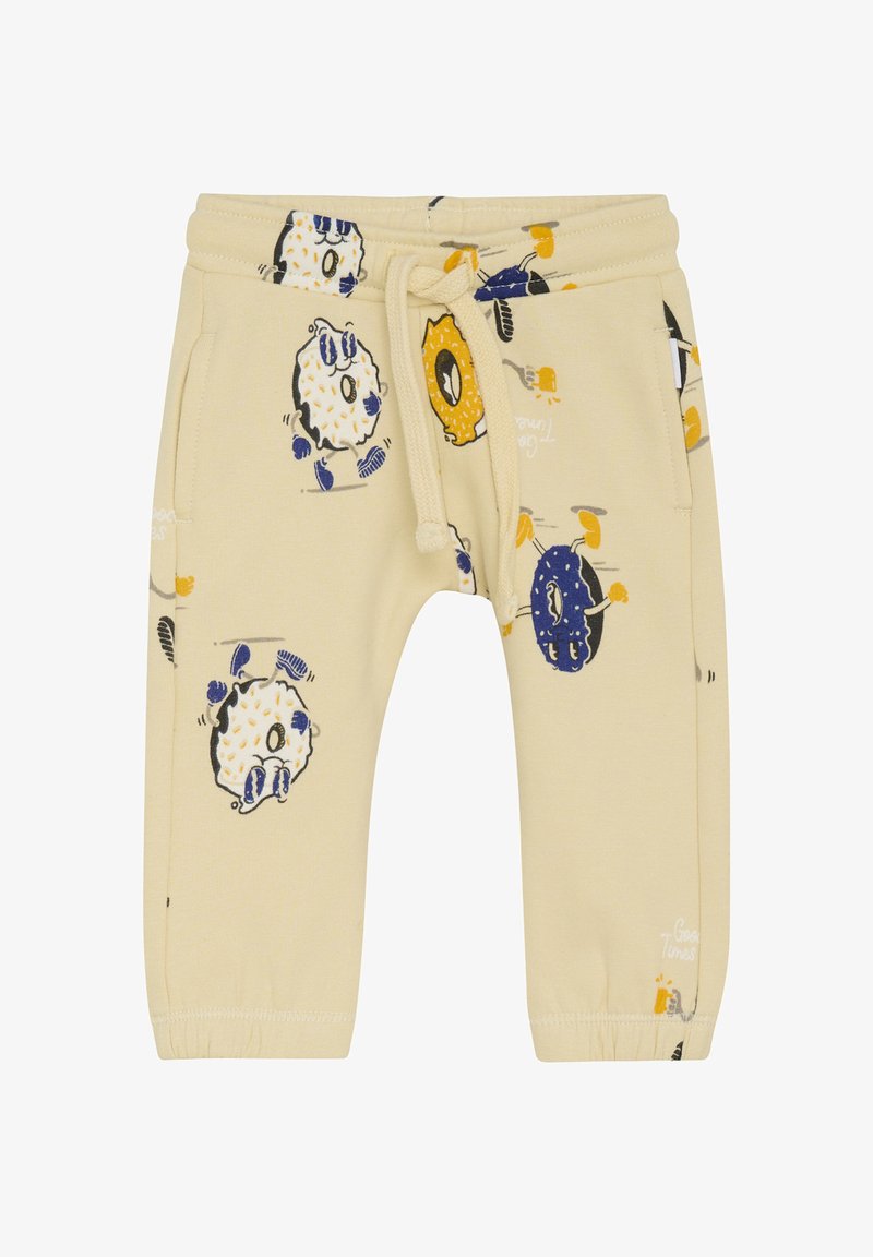 Light beige sweatpants with playful animal and food patterns. Features an elastic waistband with a drawstring, side pockets, and cuffed ankles.