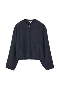 Veste cropped en navy foncé faite de matériau doux, avec une fermeture éclair à l'avant, un col rond et deux poches latérales avec des poignets élastiqués.