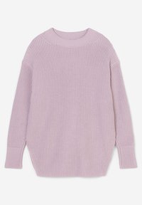 Pull tricoté à manches longues couleur lilas avec encolure ronde, poignets et ourlet côtelés, posé à plat sur un fond blanc.